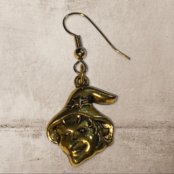 Hand Crafted Earrings Witch Dangle Pierced Halloween Charm Gold Spooky - Picture 3 of 5